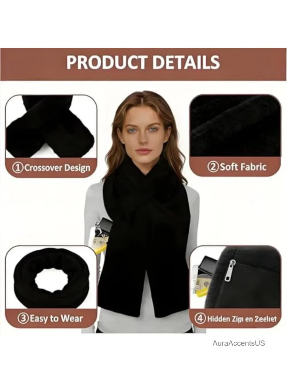 Faux-Fur Pull Through Scarf with Hidden Zipper Pocket - One Size Women's Neck